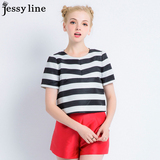 jessy line2016春装新款 杰茜莱百搭条纹显瘦系带短袖T恤 女上衣