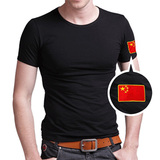 夏季男士短袖刺绣中国国旗t恤圆领特种兵T恤修身户外军迷训练服潮