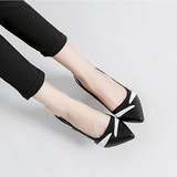 16新款韩版时尚百搭秋季女鞋黑白拼色真皮大码小高跟尖头细跟单鞋