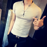 韩国代购纯色立领t恤男夏薄款个性修身短袖弹力紧身型男潮t恤