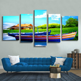地中海船自然风景海景 现代客厅装饰画 沙发背景五联组合无框油画