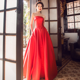 2016最新款缎面大码晚装韩版抹胸长款主持人红色新娘敬酒晚礼服女