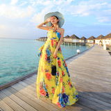 MISSFOX2015新款挂脖波西米亚拖地超大摆度假沙滩裙显瘦长裙现货