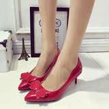 2016春新款韩版尖头蝴蝶结黑色高跟6CM女小跟红瓢鞋细跟5-7cm单鞋