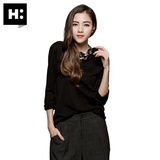 H:CONNECT韩版潮女式纯色圆领长袖T恤 百搭舒适全棉打底衫
