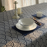 日式青海波海浪纹样深蓝几何图案纯棉餐桌布台布垫布盖布