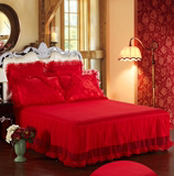 高档结婚庆大红色纯棉蕾丝单件床裙全棉床罩床套床单可配四件套