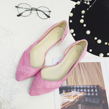 夏季甜美粉色女鞋子浅口尖头绒面侧空细跟低跟显白v领口大码单鞋