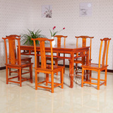 仿古家具明清中式古典实木南榆木板长方形面茶餐桌餐椅组合长餐桌