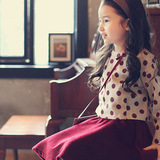 清仓－春季韩国女童套装羊毛呢长袖波点绛红色伞裙蓬蓬裙套装