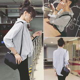 蘑菇街2016夏天夏季新款欧日韩版女装气质竖条纹显瘦宽松长袖衬衫