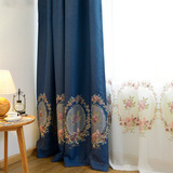 高档蓝色遮光布刺绣花窗帘 欧式客厅卧室阳台窗纱