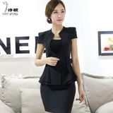 2015新款职业女装套裙韩版修身荷叶边气质小西装办公室工作服套装