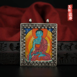 西藏老唐卡老矿物彩泥彩绘释迦牟尼佛扎卡小唐卡辟邪护身符随身佛