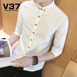 V37夏季男装男士短袖衬衫修身打底衫纯色休闲衬衣青年韩版潮衣服