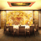 中式墙纸背景墙沙发加厚墙贴画金色荷花叶壁纸客厅餐厅卧室无纺布