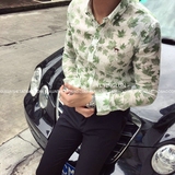 韩国韩版修身长袖绿色花衬衫男欧美东大门休闲古伦仕棉麻薄款衬衣