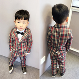 男童小西装 2015新款宝宝长袖英伦套装 儿童礼服格子西服两件套