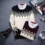 春季男士假两件衬衫领毛衣圆领套头针织衫学生青少年韩版假领衬衣