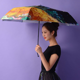 银胶三折复古风油画伞防紫外线星座伞 创意折叠晴雨伞防晒遮阳伞