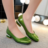 2016春秋夏季女鞋新款漆皮绿色低跟粗跟平底圆头浅口单鞋瓢鞋大码