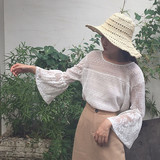 韩国新款甜美仙仙喇叭袖长袖蕾丝衫宽松圆领罩衫T恤上衣女防晒衫