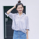 夏季韩国甜美文艺复古日系学院风蝴蝶结蝙蝠袖V领格子衬衫女衬衣