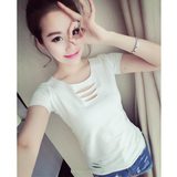 韩版夏装个性纯棉破洞T恤女修身显瘦百搭白色短袖上衣体恤打底衫