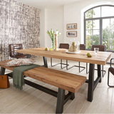 美式老松木工作台画桌实木餐桌椅会议桌长凳办公桌咖啡桌酒吧桌