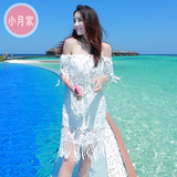 韩国夏蕾丝露肩沙滩裙女神波西米亚中长裙修身显瘦海边度假连衣裙