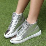 2015春季新款女鞋系带高帮鞋银色内增高单鞋厚底学生板鞋白色圆头
