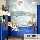 海洋小鲸鱼儿童房墙纸女孩男孩壁纸无纺布卧室温馨欧式定制壁画