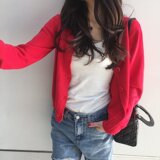 韩国代购2016春秋新款纯色毛衣针织开衫女短款长袖修身显瘦外套