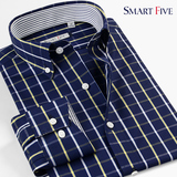 SmartFive 春装简约格子时尚休闲小领衬衫韩版修身男长袖纯棉衬衫