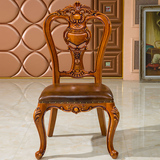 欧式餐椅全橡木框架皮椅餐桌椅组合白色双面雕花真皮餐椅酒店餐椅