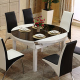 实木餐桌现代时尚钢化玻璃餐桌多功能伸缩圆形餐桌白色桌子 8001