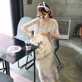 夏装韩国显瘦吊带V领背心连衣裙+宽松蕾丝花边中长款透视罩衫两件