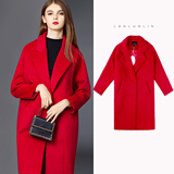 2016冬季呢大衣女中长款 韩版宽松双面呢西装领茧型毛呢外套红色