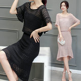 夏季韩版新款连衣裙镂空上衣蕾丝鱼尾包臀半身裙两件套时尚套装女