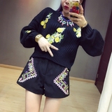 ONLY YOU韩版复古时尚优雅名媛气质柠檬花刺绣灯笼袖短款套头毛衣