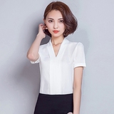 韩版v领雪纺衬衫女短袖夏季修身百搭套头时尚简约寸衣职业装衬衣