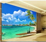 3D大型壁画海滩蓝天壁纸电视卧室客厅背景墙海洋沙滩墙纸风景主题