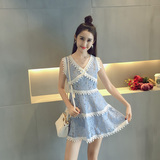夏季新款韩版女气质V领修身蕾丝连衣裙显瘦拼色无袖A字裙+A88