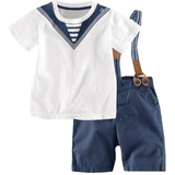 外贸童装2016夏款短袖男童宝宝海军风短T+背带短裤两件套套装包邮