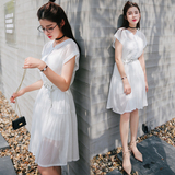 韩国代购女装2016夏季新款韩版清纯白色连衣裙中长款两件套裙子