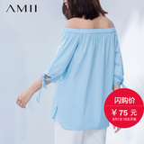 初上市价*Amii[极简主义]夏新纯色一字领露肩绑带袖宽松T恤女