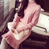 2015冬韩版甜美钉珠蕾丝拼接荷叶边修身长袖毛衣连衣裙针织打底裙