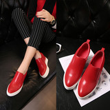 韩版红色白色真皮板鞋女内增高尖头休闲鞋厚底深口套脚平底单鞋潮