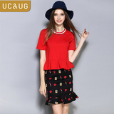 UC＆UG2016夏季新款两件套 时尚短袖T恤+包臀鱼尾裙套装连衣裙女