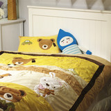 出口韩国外贸原单儿童短绒两件套天鹅绒贴布绣床上用品卡通萌熊熊